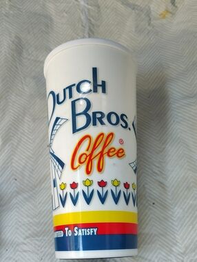 Dutch Bros White Travel Cup with Blue, Yellow & Red Accents